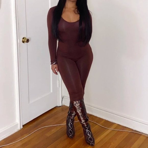 Brown long sleeve jumpsuit bodysuit S - Picture 2 of 5